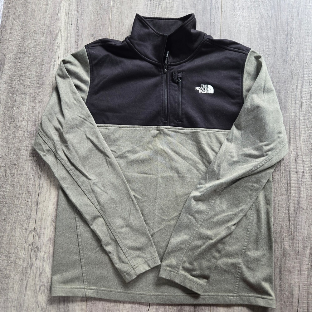 The North Face Mens Medium Quarter Zip Fleece Pullover Black Olive Green Pocket